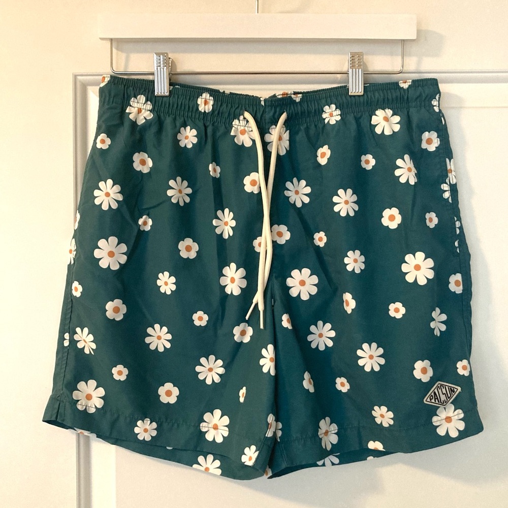 Teal Daisy Pattern Swim Trunks